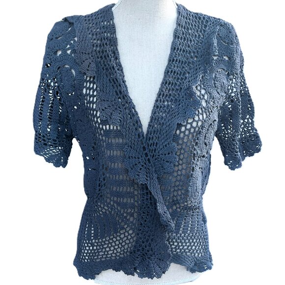 🆕💙OOAK Hand-crochet & Hand-dyed 100% Cotton Short-Sleeve Jacket in Denim Blue - Picture 1 of 6